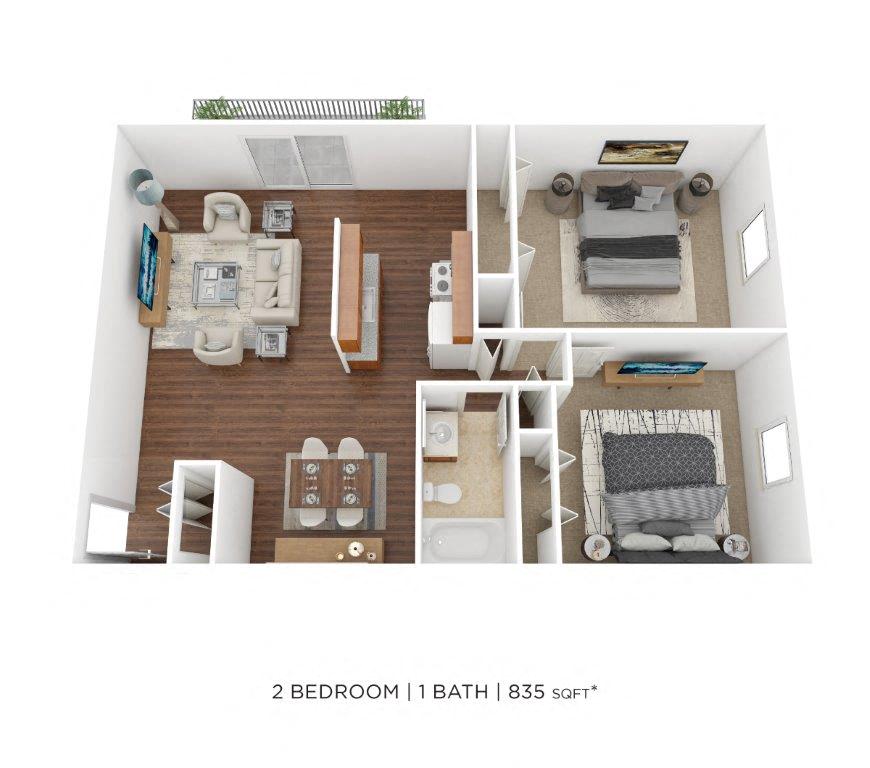 Floor plan for 2 beds, 1 bath, 835 sqft